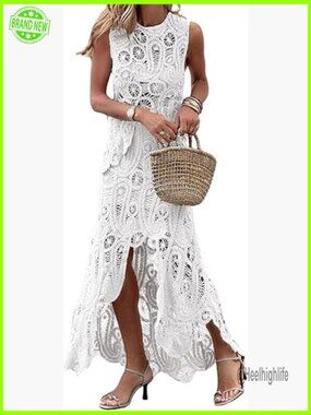 Slim Fit Crochet Knit Skirt Set, Sleeveless Tank & Hi-Low Long Skirt
